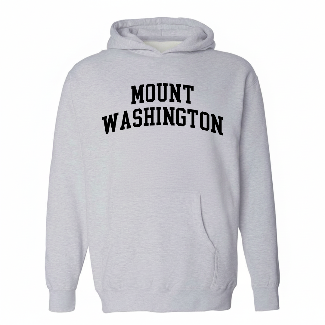 Heather-gray hoodie with the Mount Washington varsity arched lettering design on the chest.