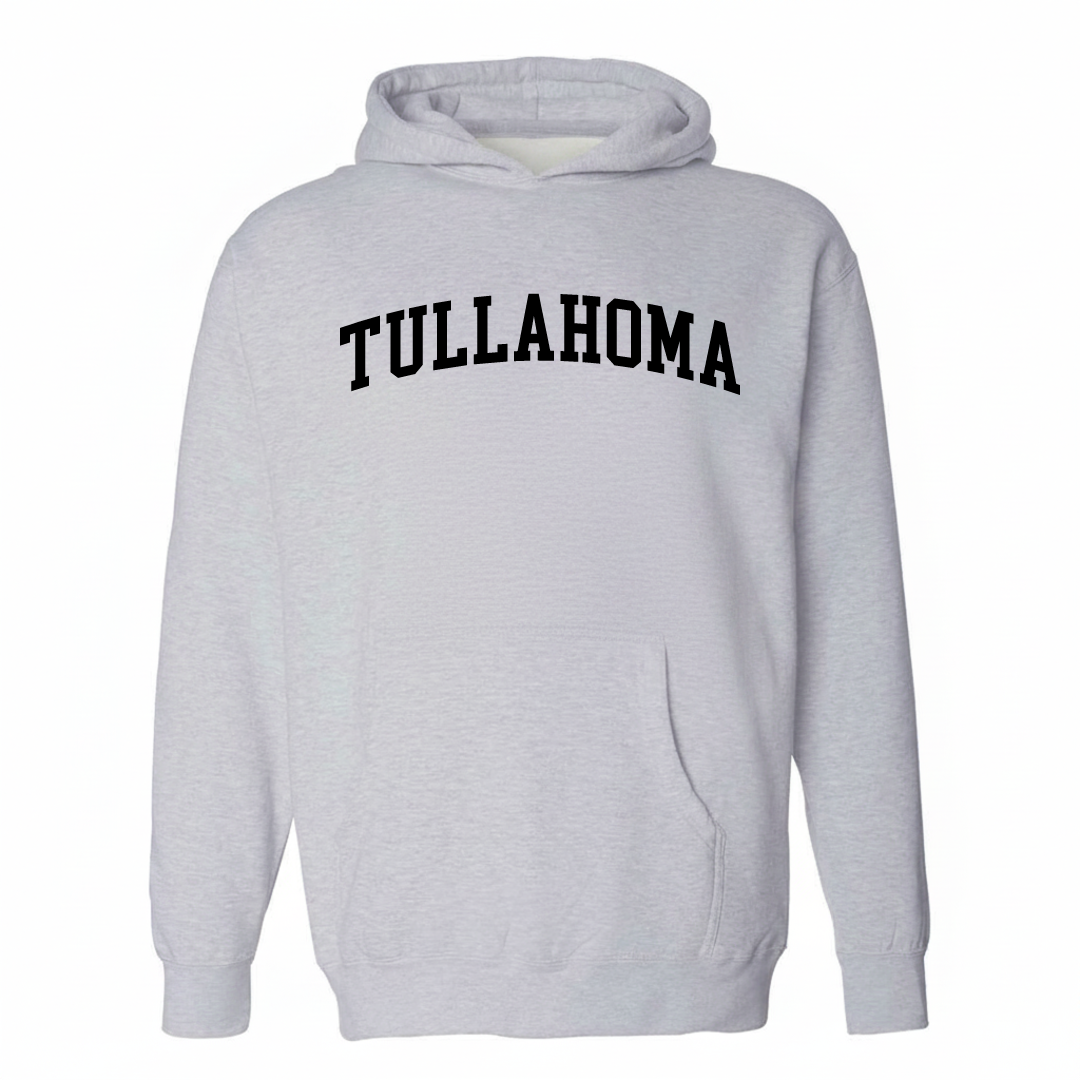 Heather-gray hoodie with the Tullahoma varsity arched lettering design on the chest.