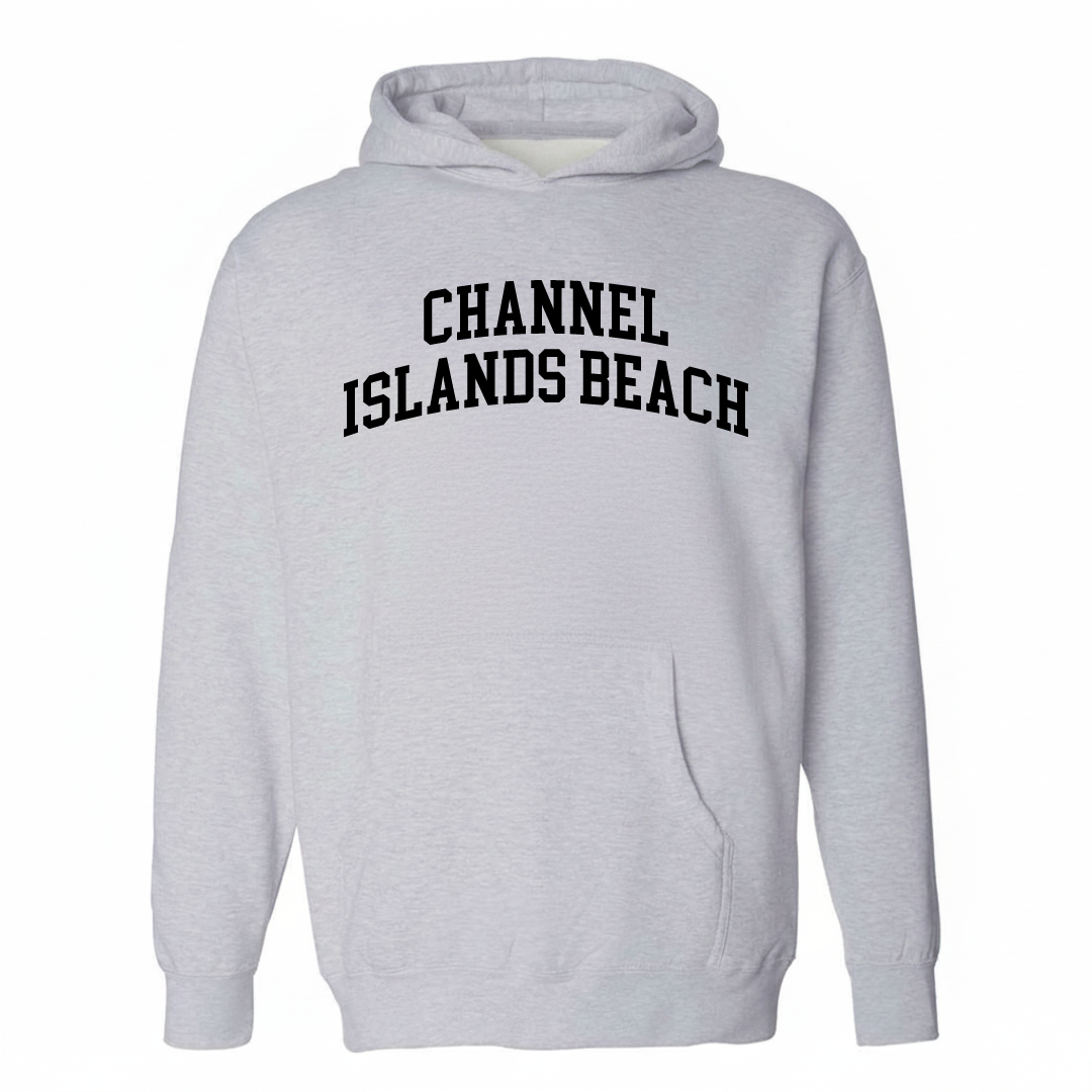 Heather-gray hoodie with the Channel Islands Beach arched varsity lettering design on the chest.