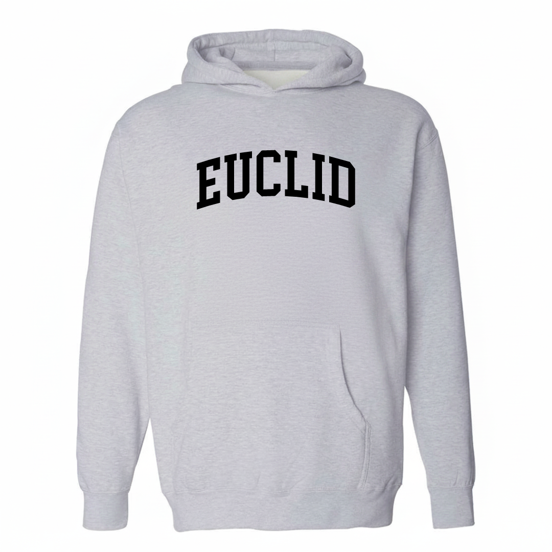 Heather-gray hoodie with the Euclid varsity arched lettering design on the chest.
