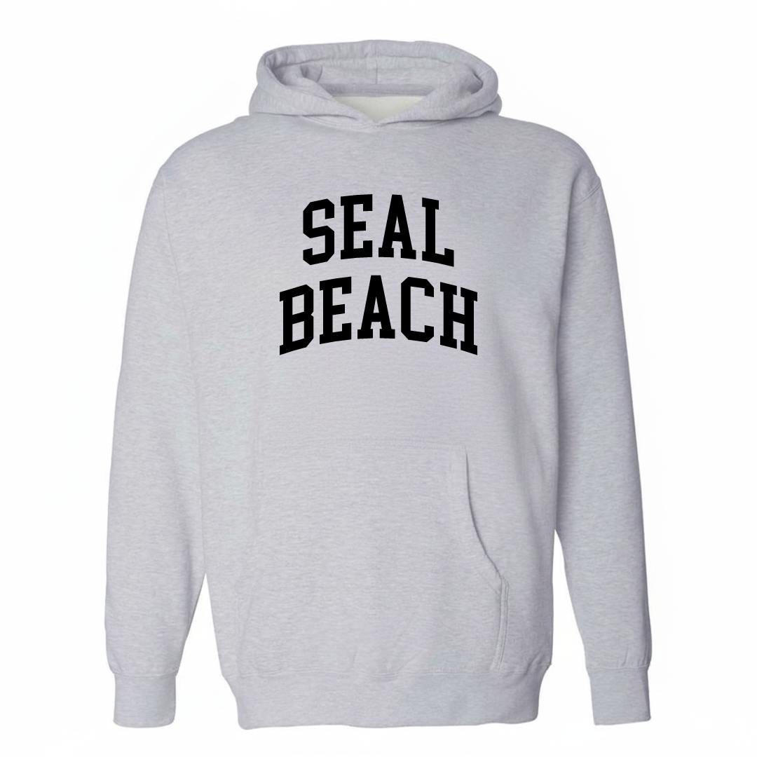 Heather-gray hoodie with the Seal Beach varsity arched lettering design on the chest.