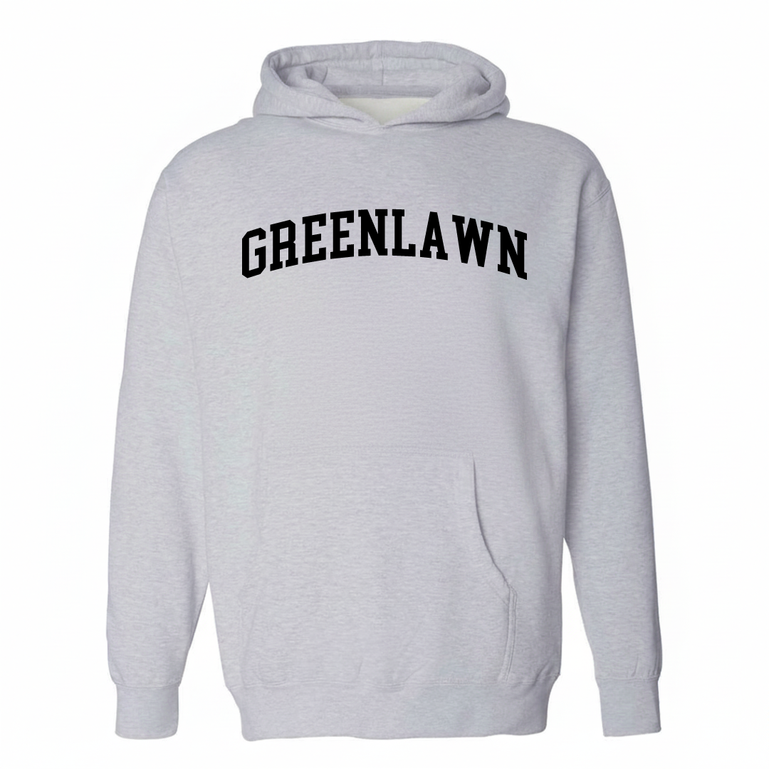Heather-gray hoodie with the Greenlawn varsity arched lettering design on the chest.