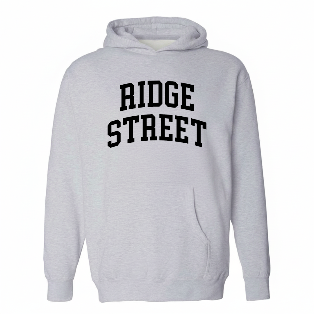 Heather-gray hoodie with the Ridge Street arched lettering design on the chest.