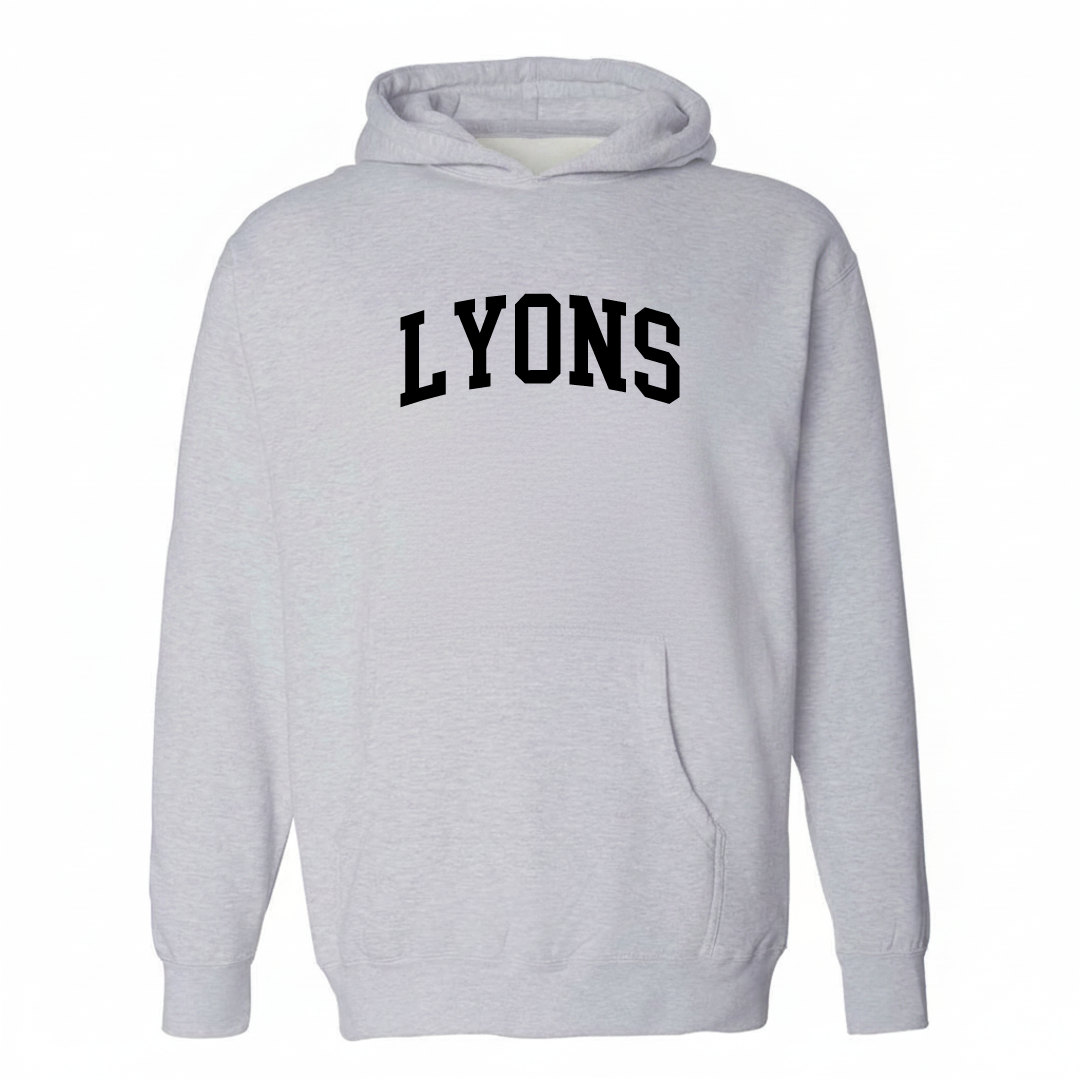 Heather-gray hoodie with the Lyons, Georgia arched varsity lettering design on the chest.