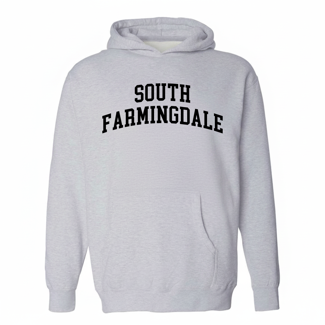 Heather-gray hoodie with the South Farmingdale varsity arched lettering design on the chest.