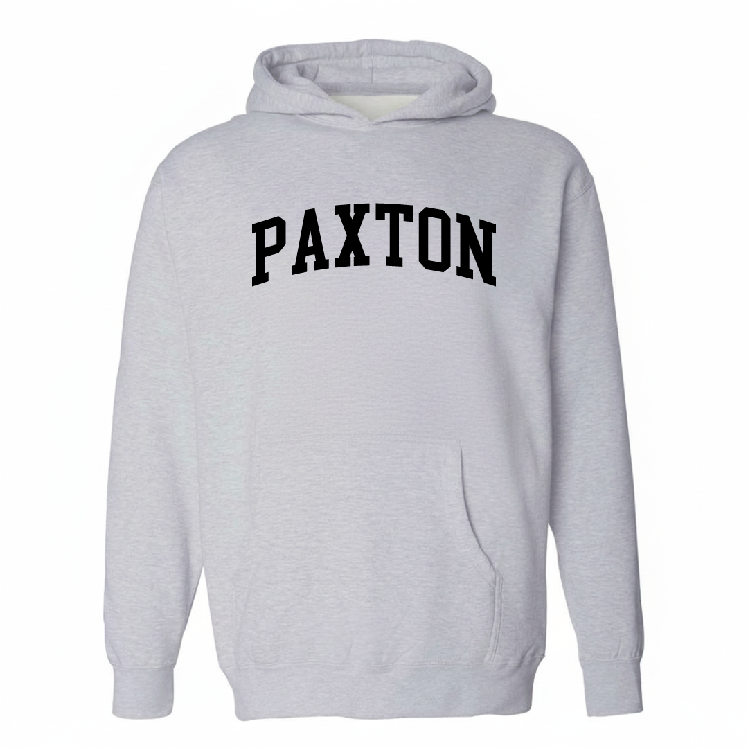 Heather-gray hoodie with the Paxton arched varsity lettering design on the chest.
