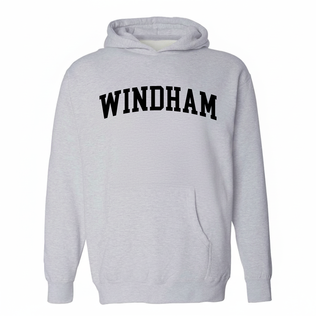 Heather-gray hoodie with the Windham arched varsity lettering design on the chest.