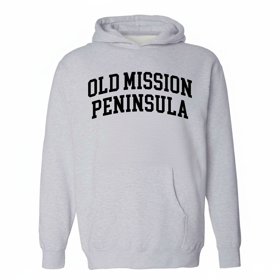 Heather-gray hoodie with the Old Mission Peninsula varsity arched lettering design on the chest.