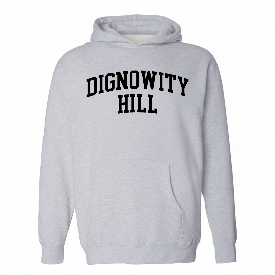 Heather-gray hoodie with the Dignowity Hill varsity arched lettering design on the chest.