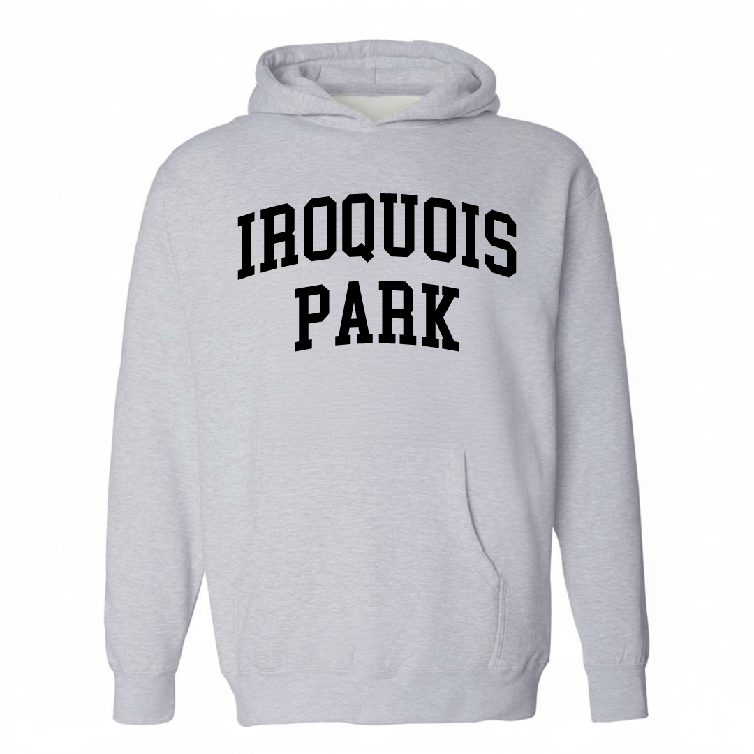 Heather-gray hoodie with the Iroquois Park varsity arched lettering design on the chest.