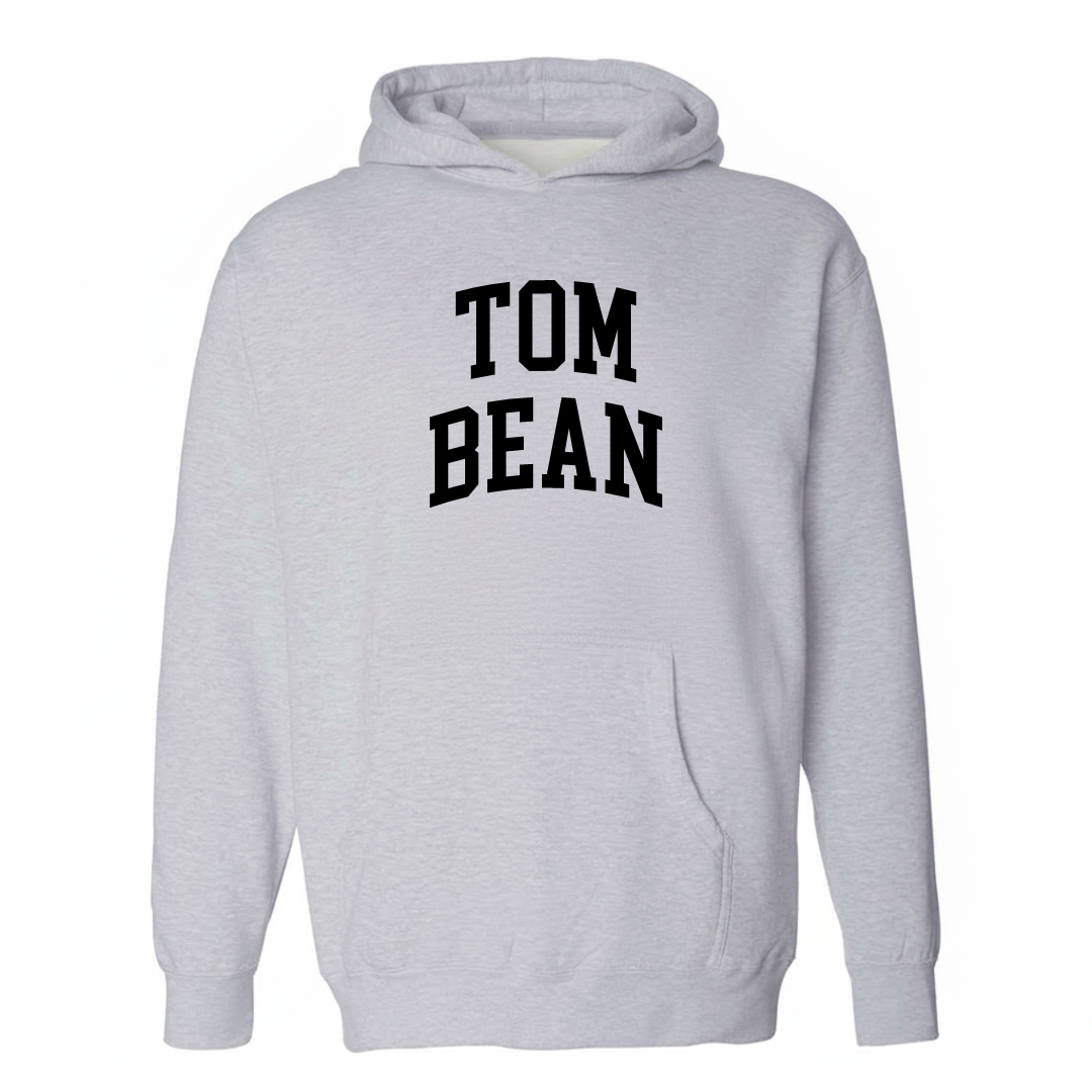 Heather-gray hoodie with the Tom Bean varsity arched lettering design on the chest.