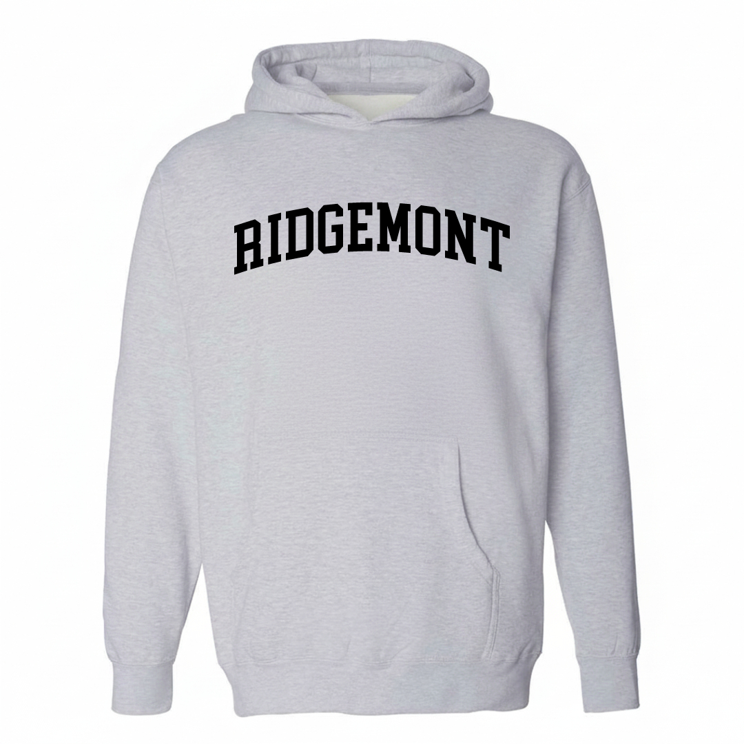 Heather-gray hoodie with the Ridgemont varsity arched lettering design on the chest.