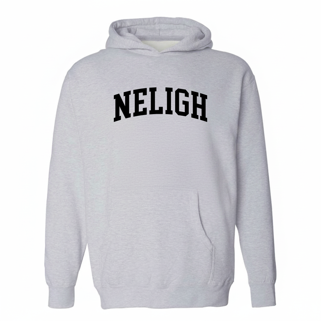 Heather-gray hoodie with the Neligh arched lettering design on the chest.