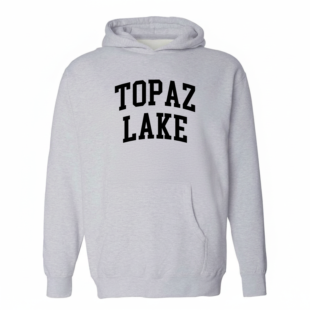Heather-gray hoodie with the Topaz Lake varsity arched lettering design on the chest.