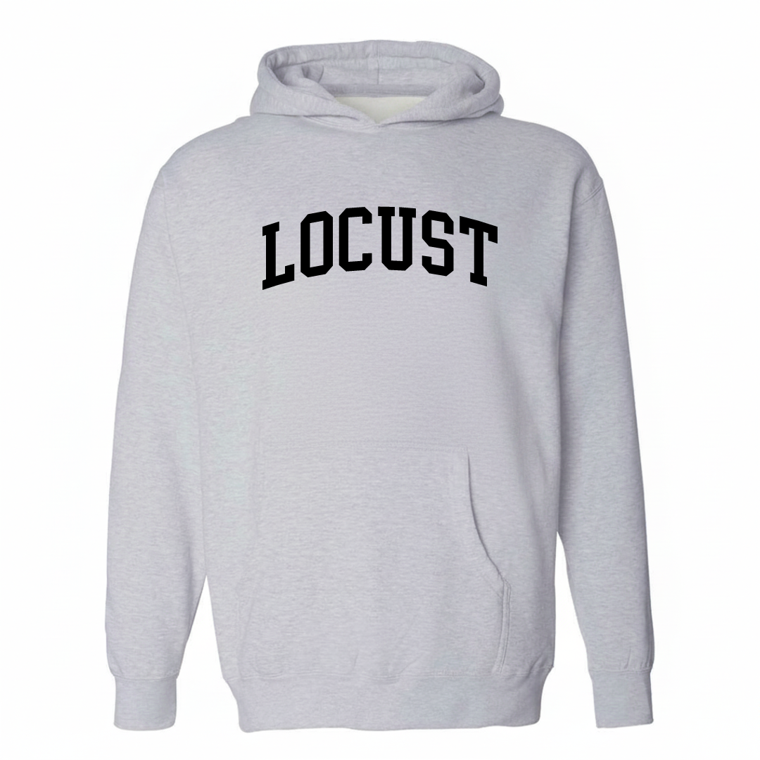Heather-gray hoodie with the Locust arched lettering varsity-collegiate design on the chest.