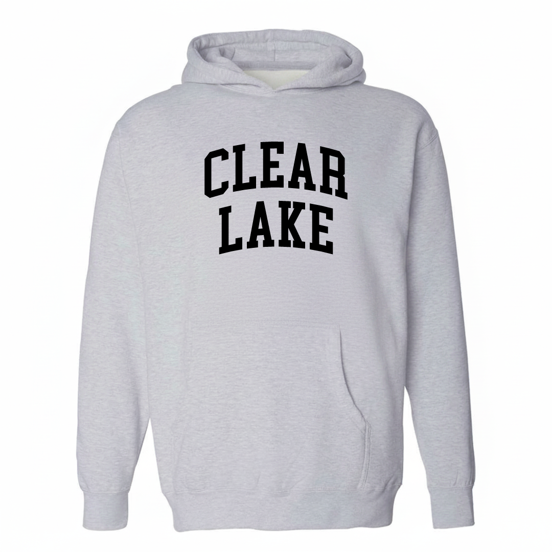 Heather-gray hoodie with the Clear Lake varsity arched lettering design on the chest.