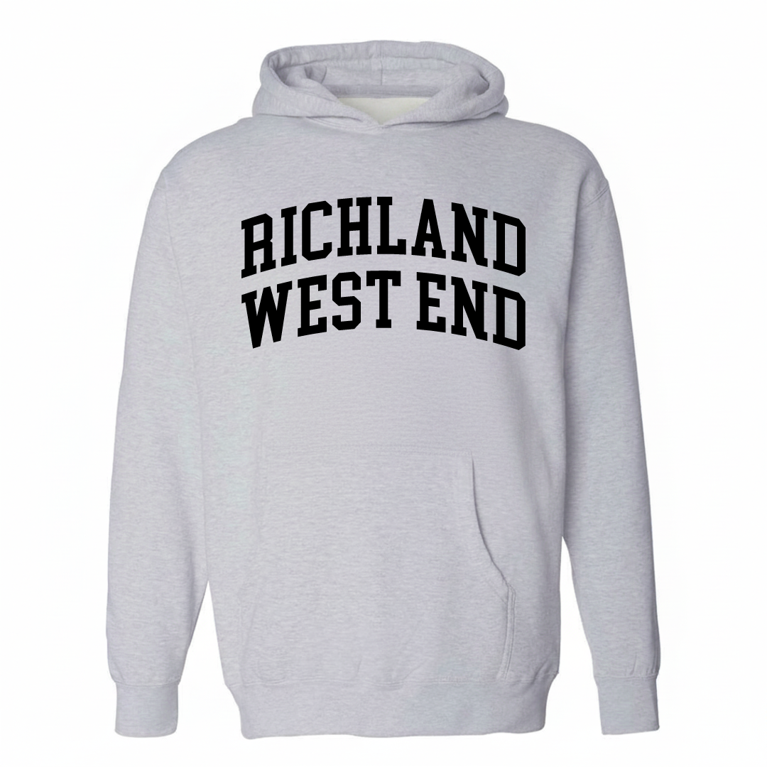 Heather-gray hoodie with the Richland-West End varsity arched lettering design on the chest.