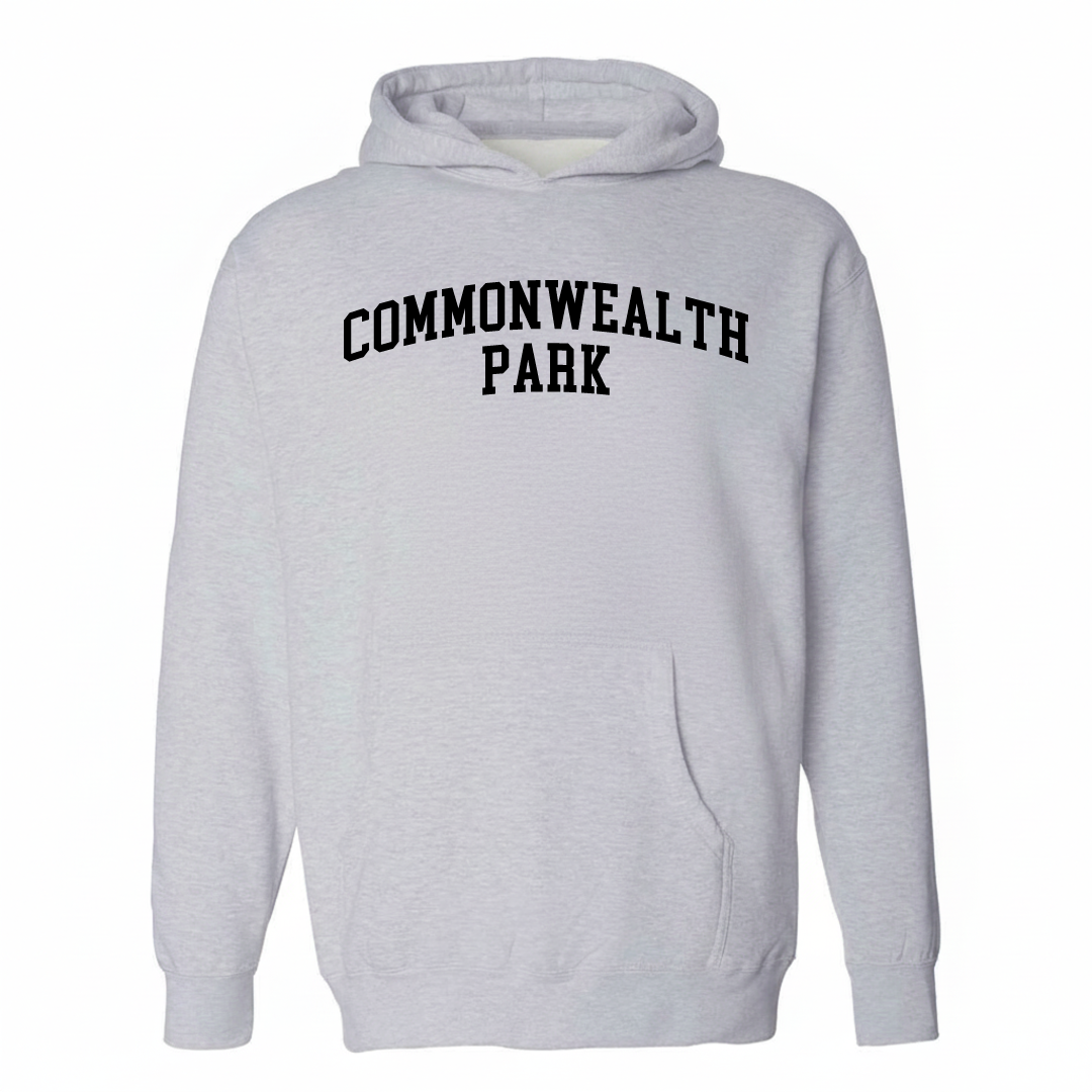 Heather-gray hoodie with the Commonwealth Park varsity arched lettering design on the chest.
