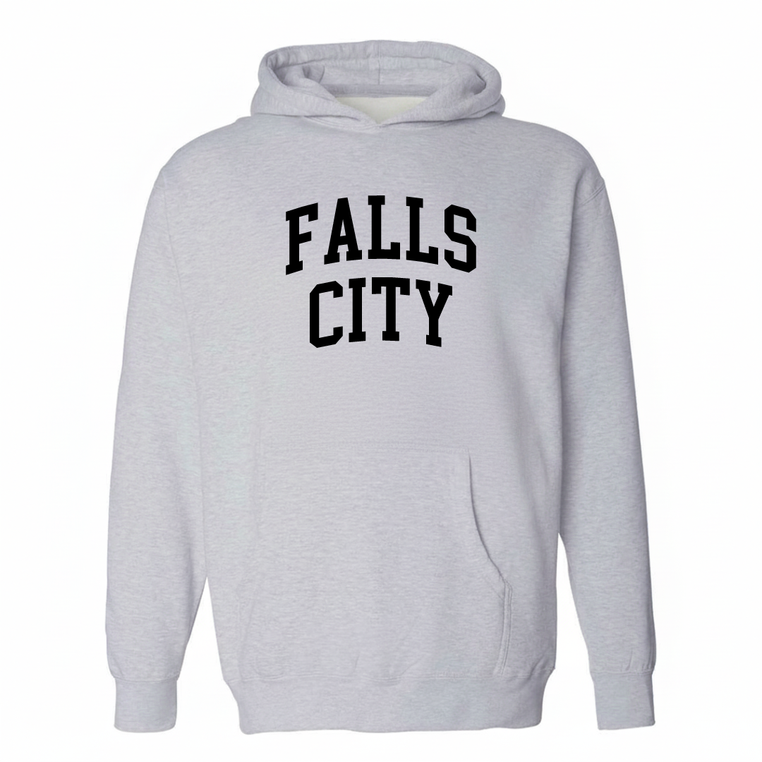 Heather-gray hoodie with the Falls City arched lettering varsity-collegiate design on the chest.