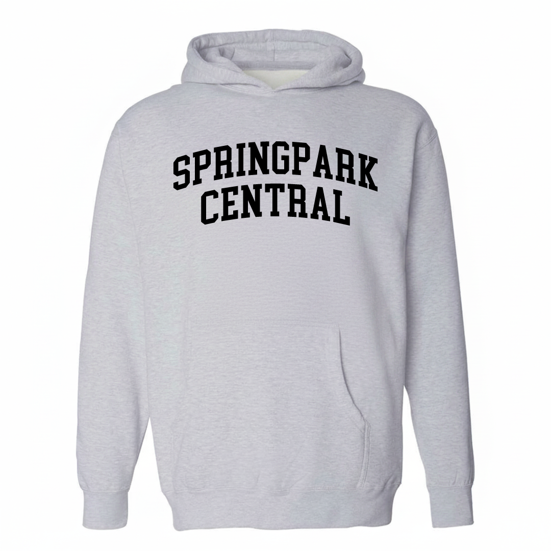 Heather-gray hoodie with the Springpark Central varsity arched lettering design on the chest.