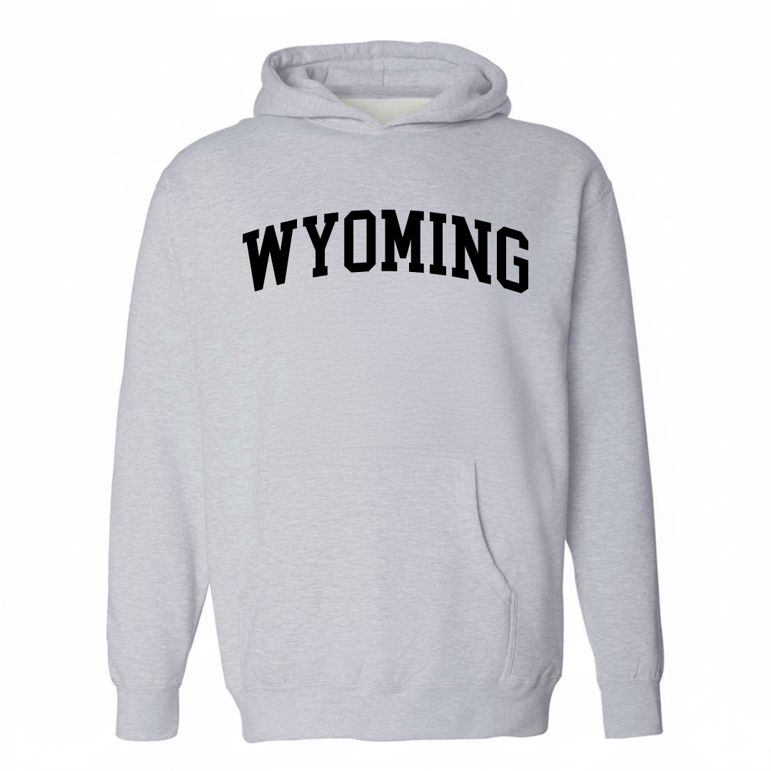 Heather-gray hoodie with the Wyoming borough varsity arched lettering design on the chest.