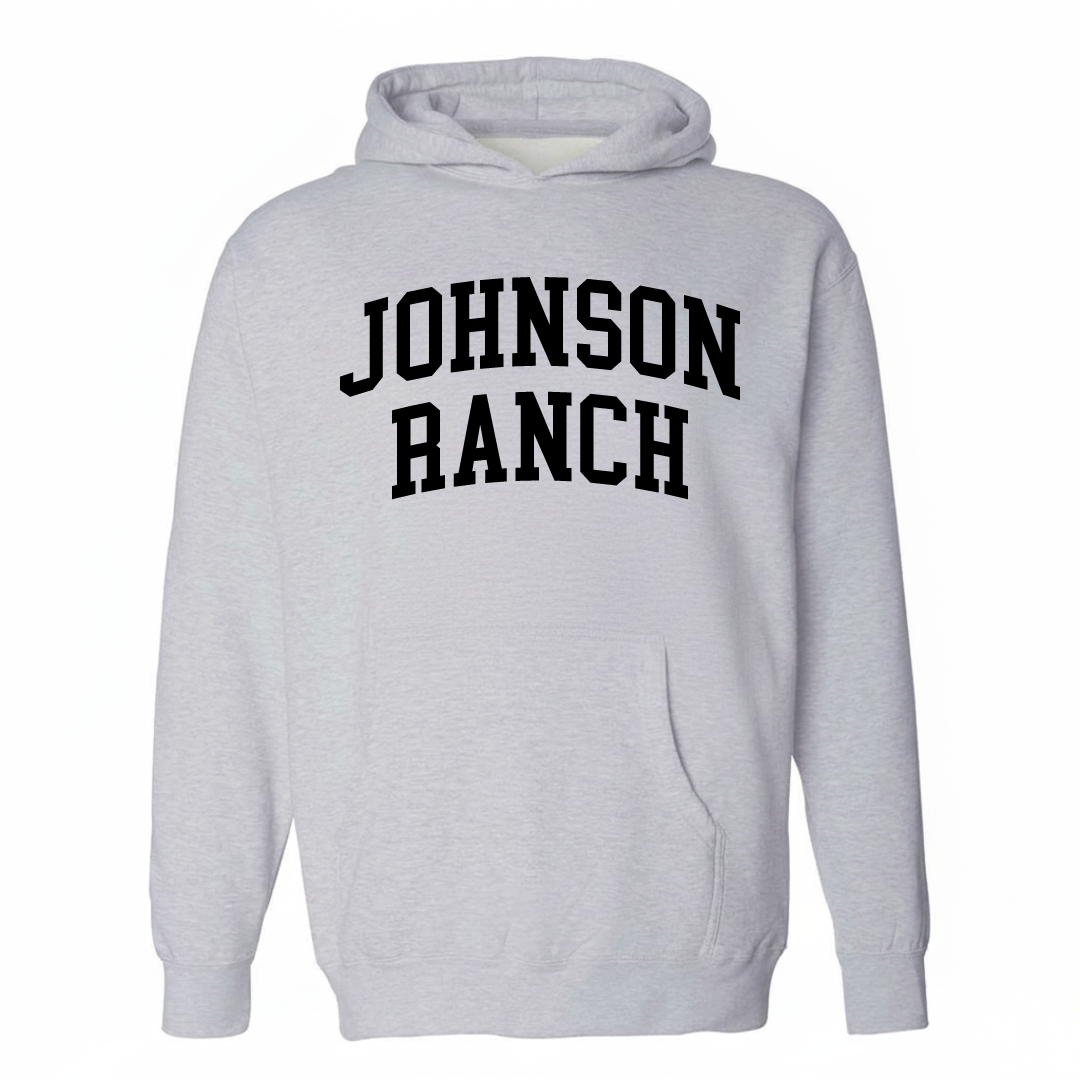 Heather-gray hoodie with the Johnson Ranch varsity arched lettering design on the chest.