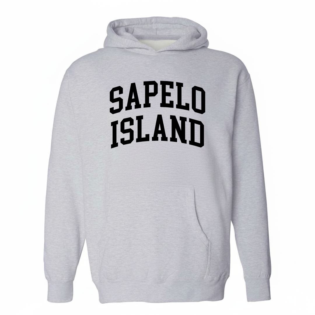 Heather-gray hoodie with the Sapelo Island varsity arched lettering design on the chest.