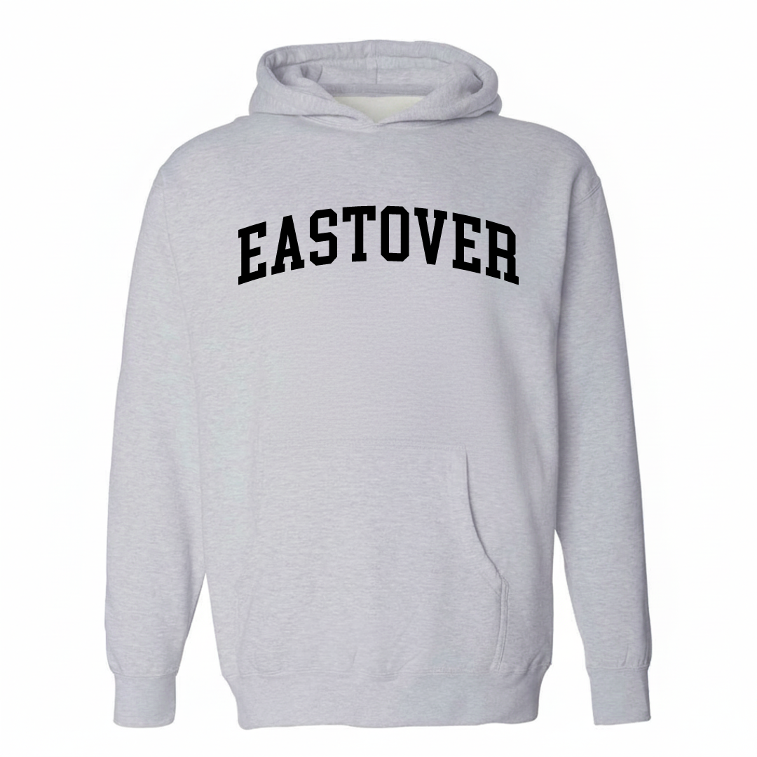 Heather-gray hoodie with the Eastover varsity arched lettering design on the chest.