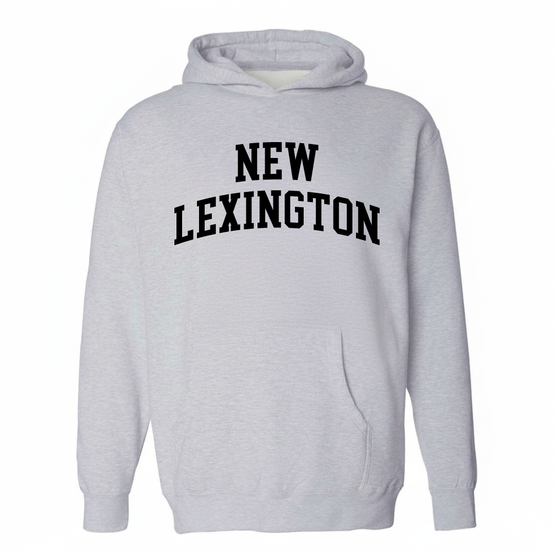 Heather-gray hoodie with the New Lexington varsity arched lettering design on the chest.