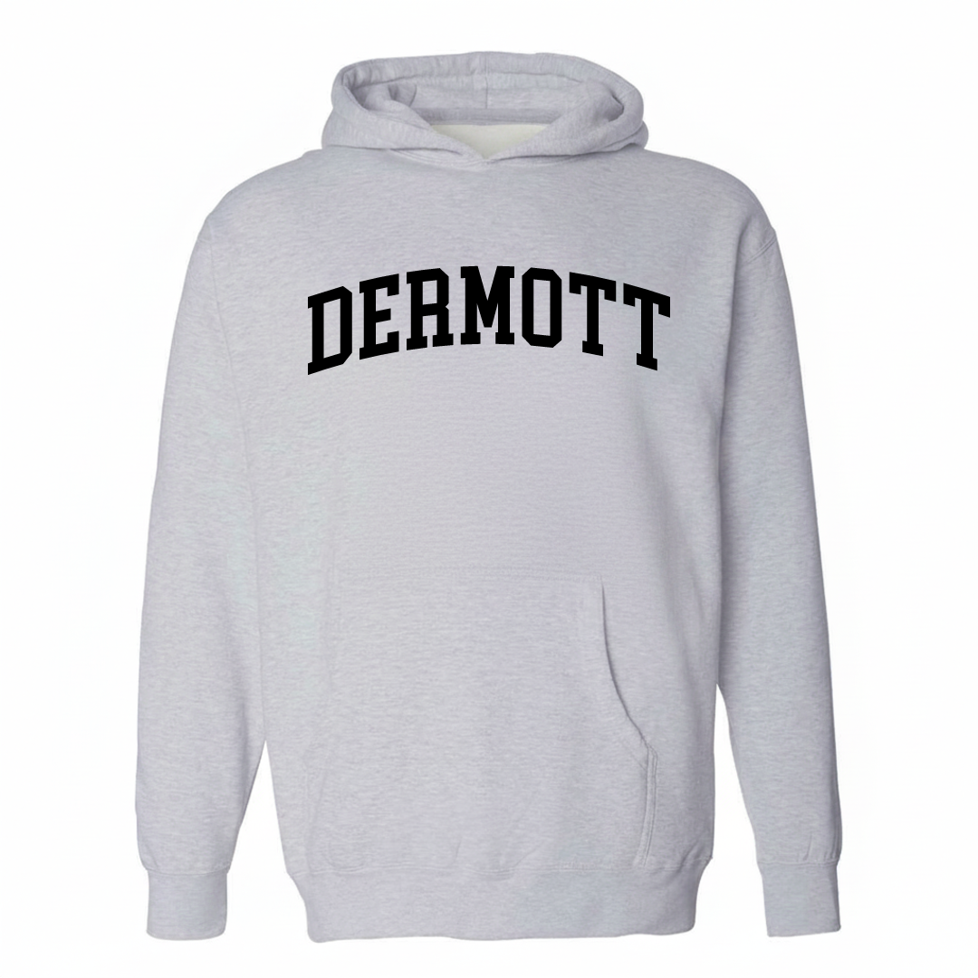 Heather-gray hoodie with the Dermott varsity arched lettering design on the chest.