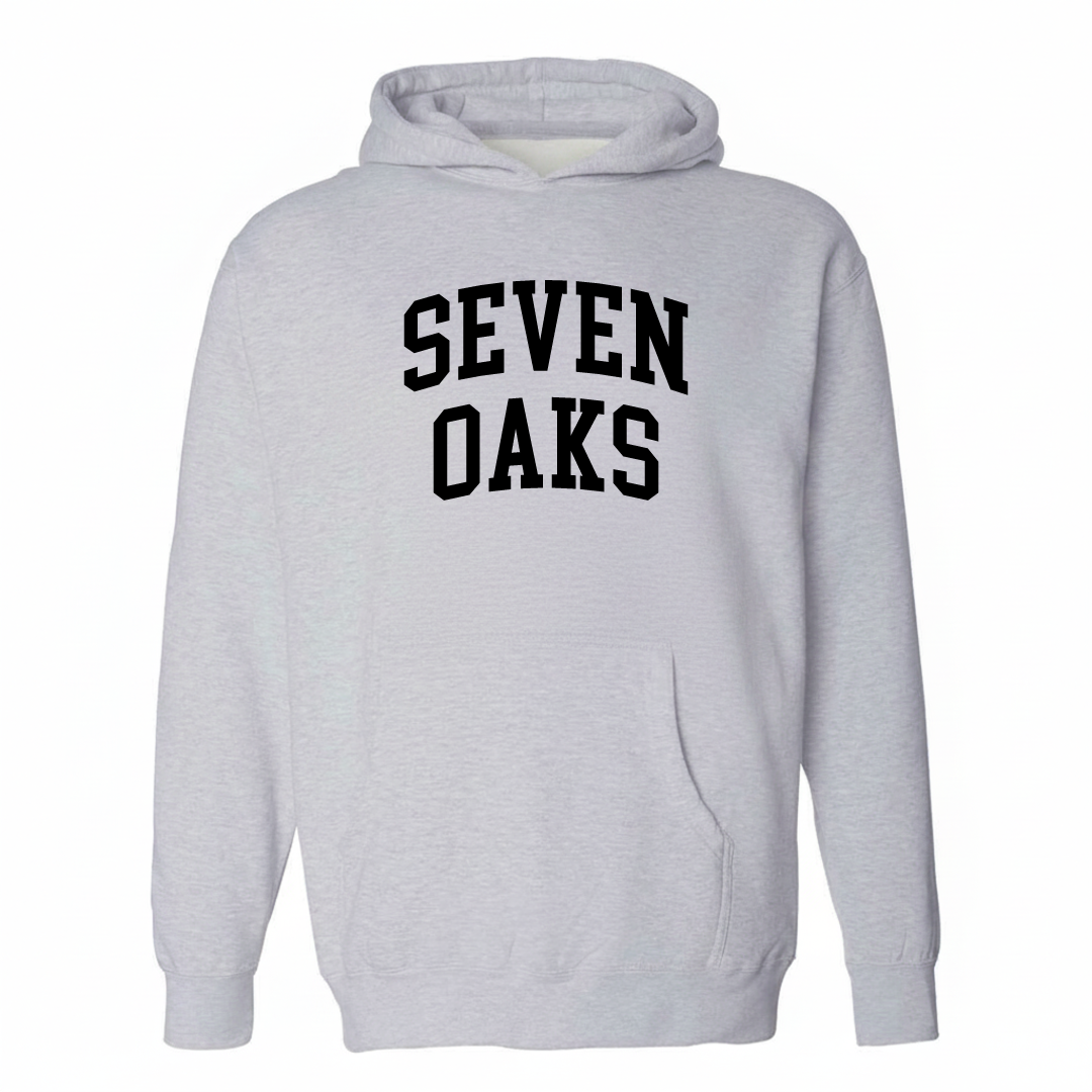 Heather-gray hoodie with the Seven Oaks arched lettering varsity-collegiate design on the chest.