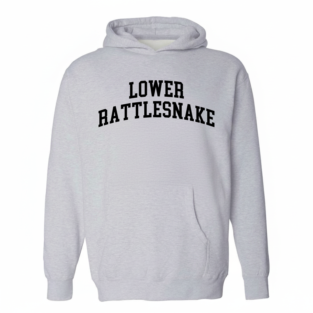 Heather-gray hoodie with the Lower Rattlesnake varsity arched lettering design on the chest.