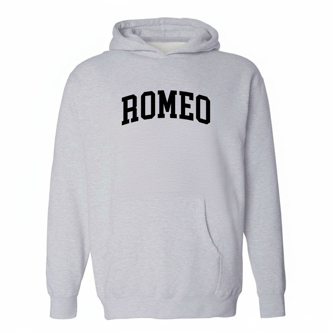 Heather-gray hoodie with the Romeo arched lettering varsity-collegiate design on the chest.