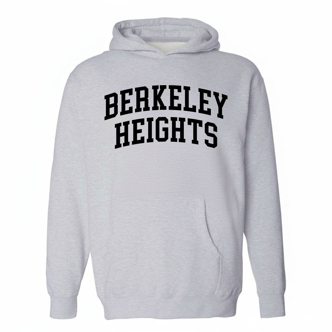 Heather-gray hoodie with the Berkeley Heights varsity arched lettering design on the chest.