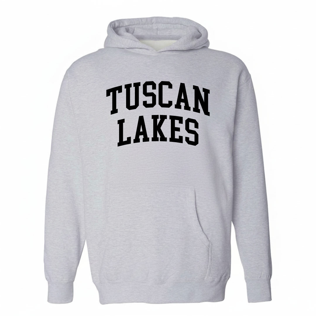 Heather-gray hoodie with the Tuscan Lakes varsity arched lettering design on the chest.