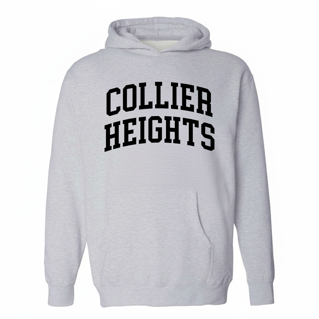Heather-gray hoodie with the Collier Heights varsity arched lettering design on the chest.