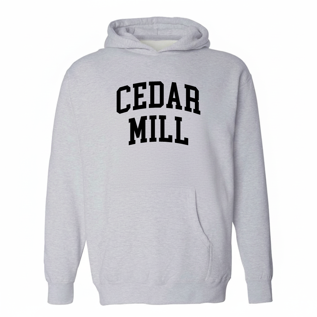 Heather-gray hoodie with the Cedar Mill arched varsity lettering design on the chest.