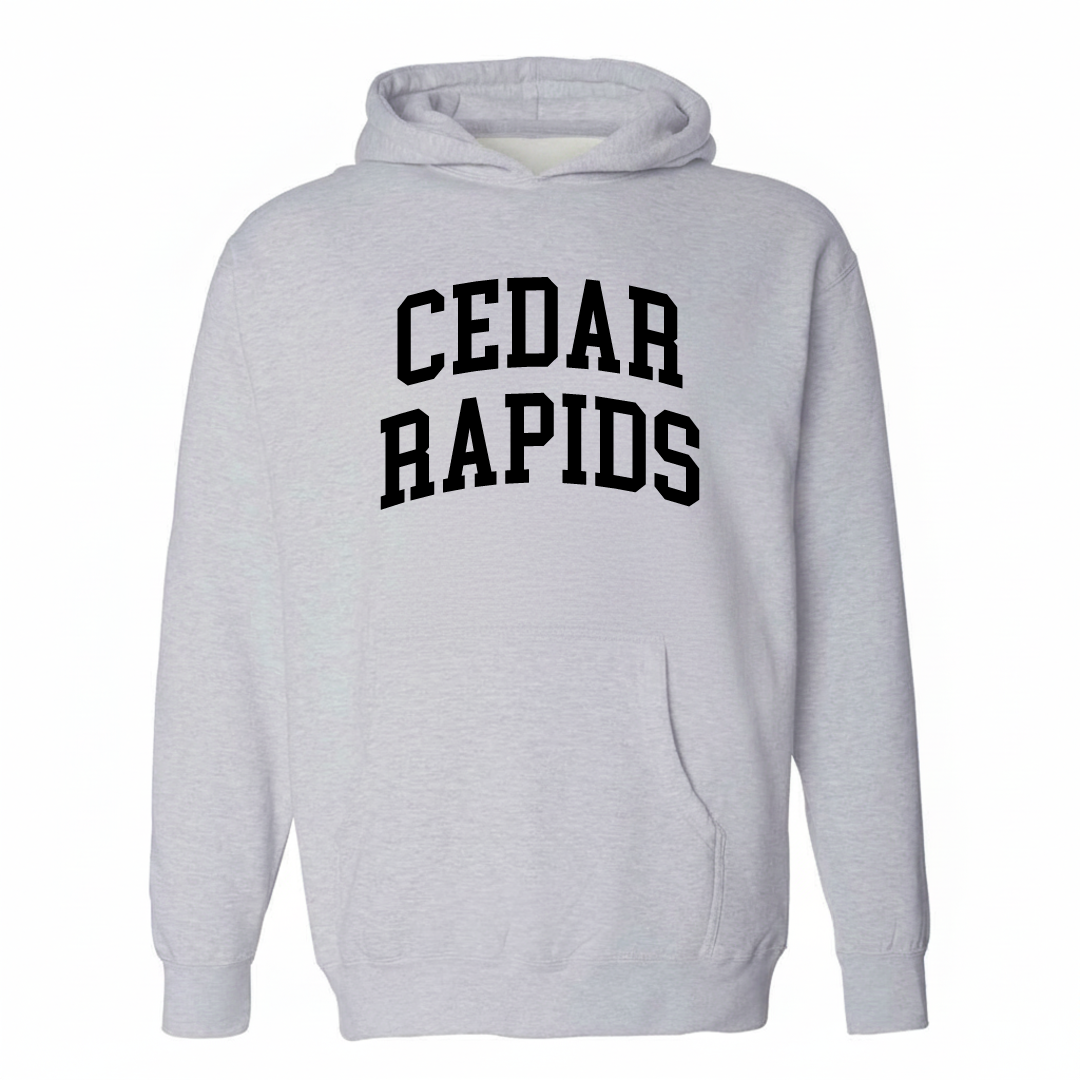 Heather-gray hoodie with the Cedar Rapids varsity arched lettering design on the chest.