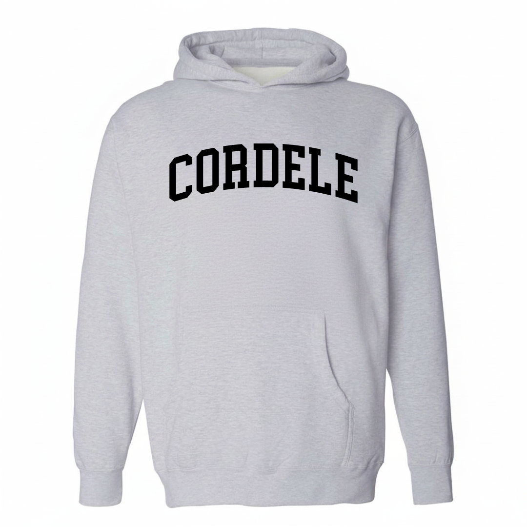 Heather-gray hoodie with the Cordele varsity arched lettering design on the chest.