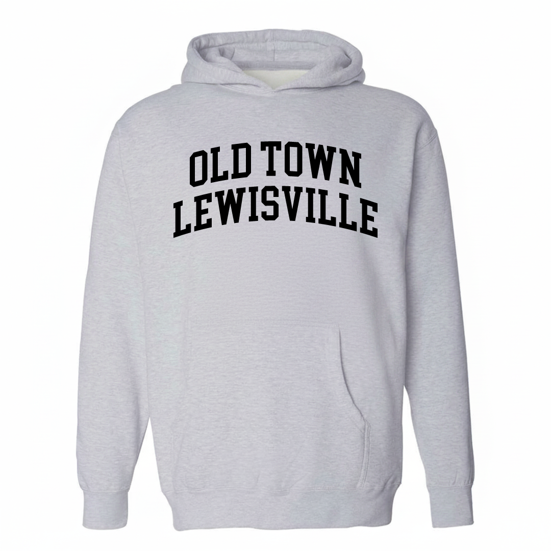 Heather-gray hoodie with the Old Town Lewisville varsity arched lettering design on the chest.