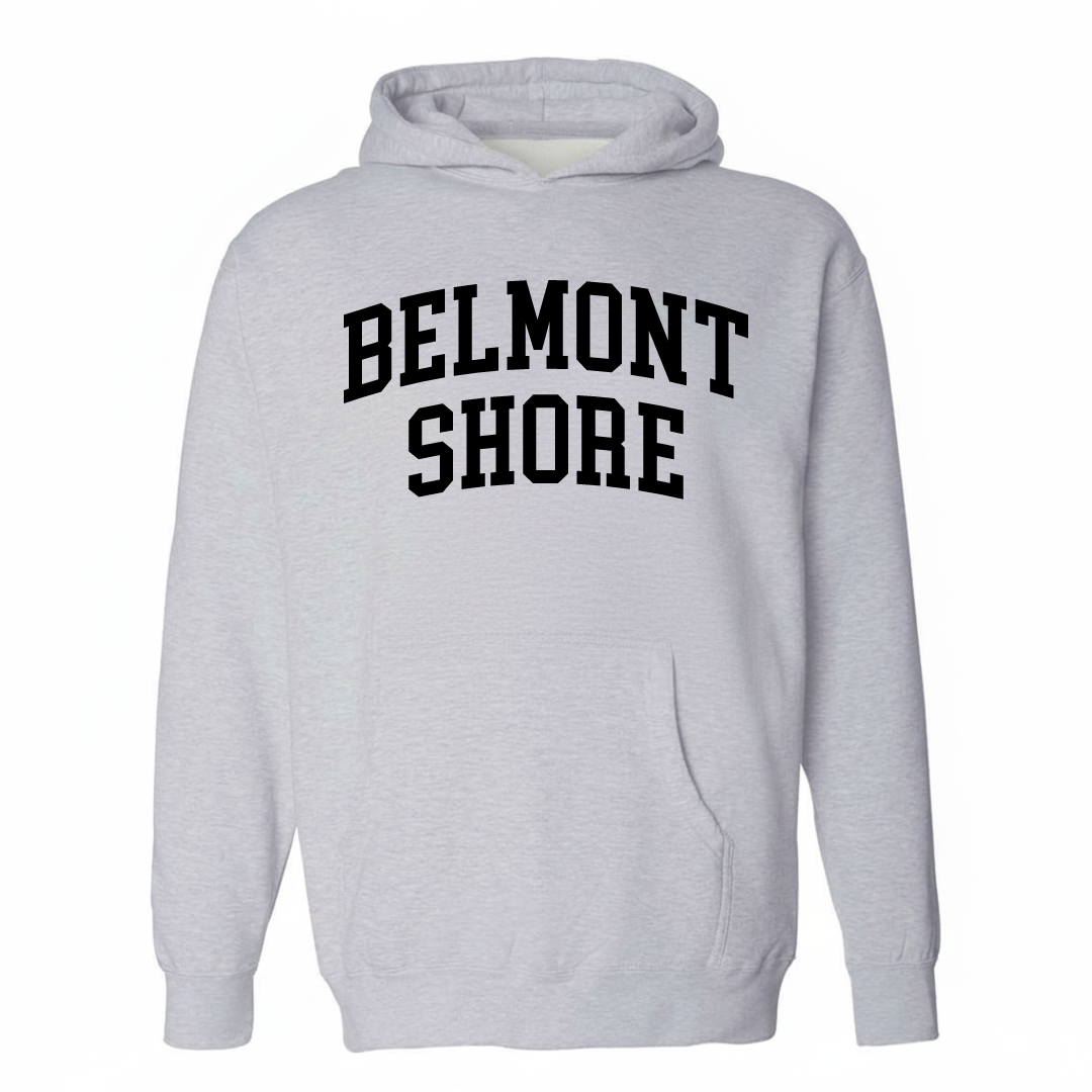 Heather-gray hoodie with the Belmont Shore arched lettering varsity-collegiate design on the chest.
