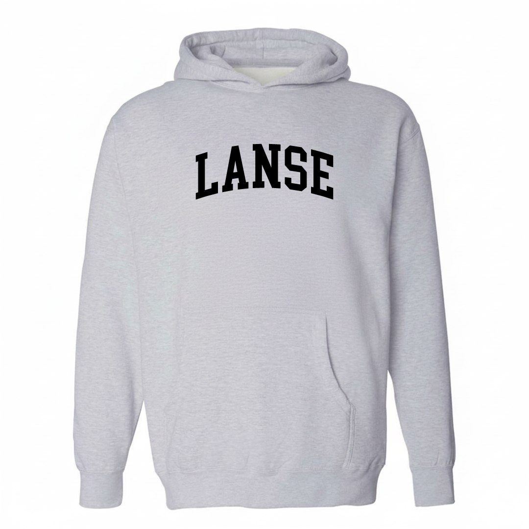 Heather-gray hoodie with the L'Anse varsity arched lettering design on the chest.