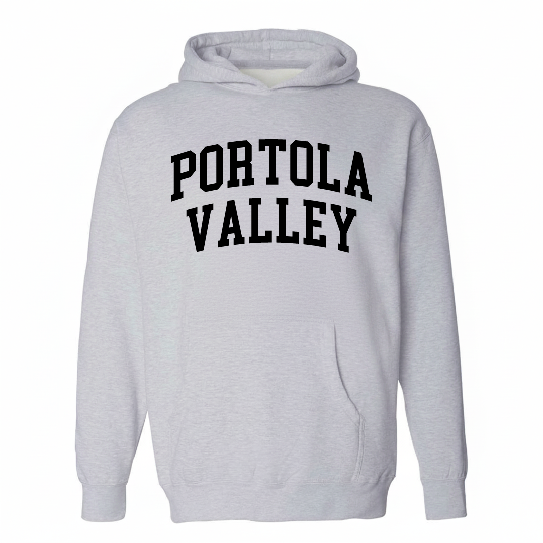 Heather-gray hoodie with the Portola Valley varsity arched lettering design on the chest.