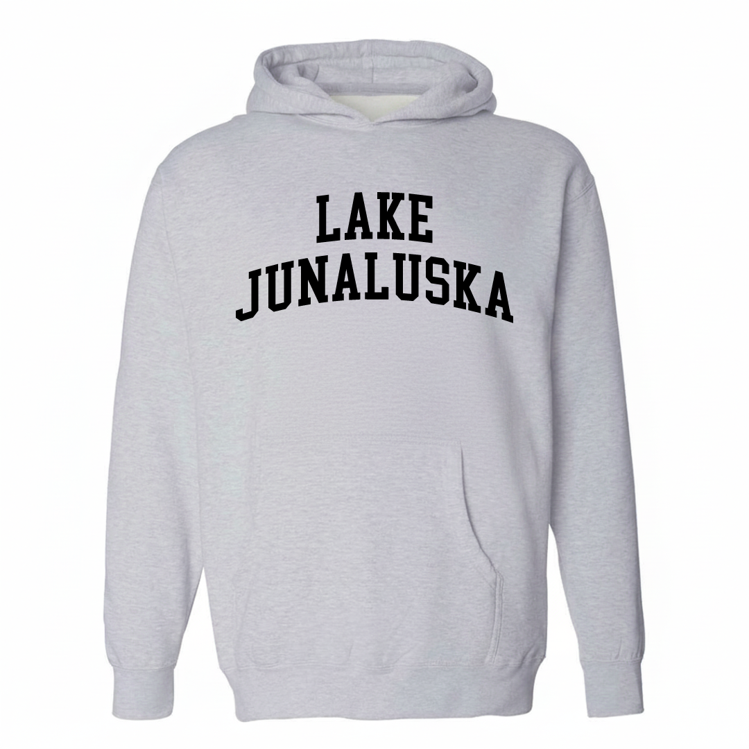 Heather-gray hoodie with the Lake Junaluska varsity arched lettering design on the chest.