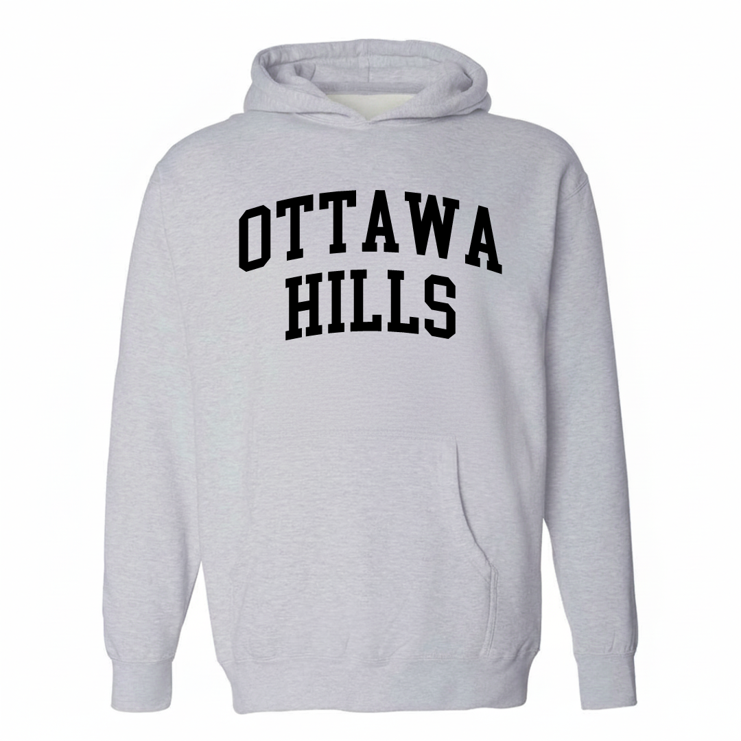 Heather-gray hoodie with the Ottawa Hills varsity arched lettering design on the chest.