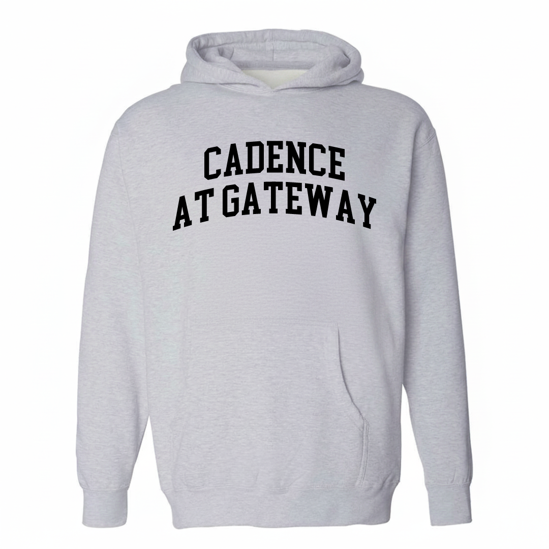 Heather-gray hoodie with the Cadence at Gateway varsity arched lettering design on the chest.
