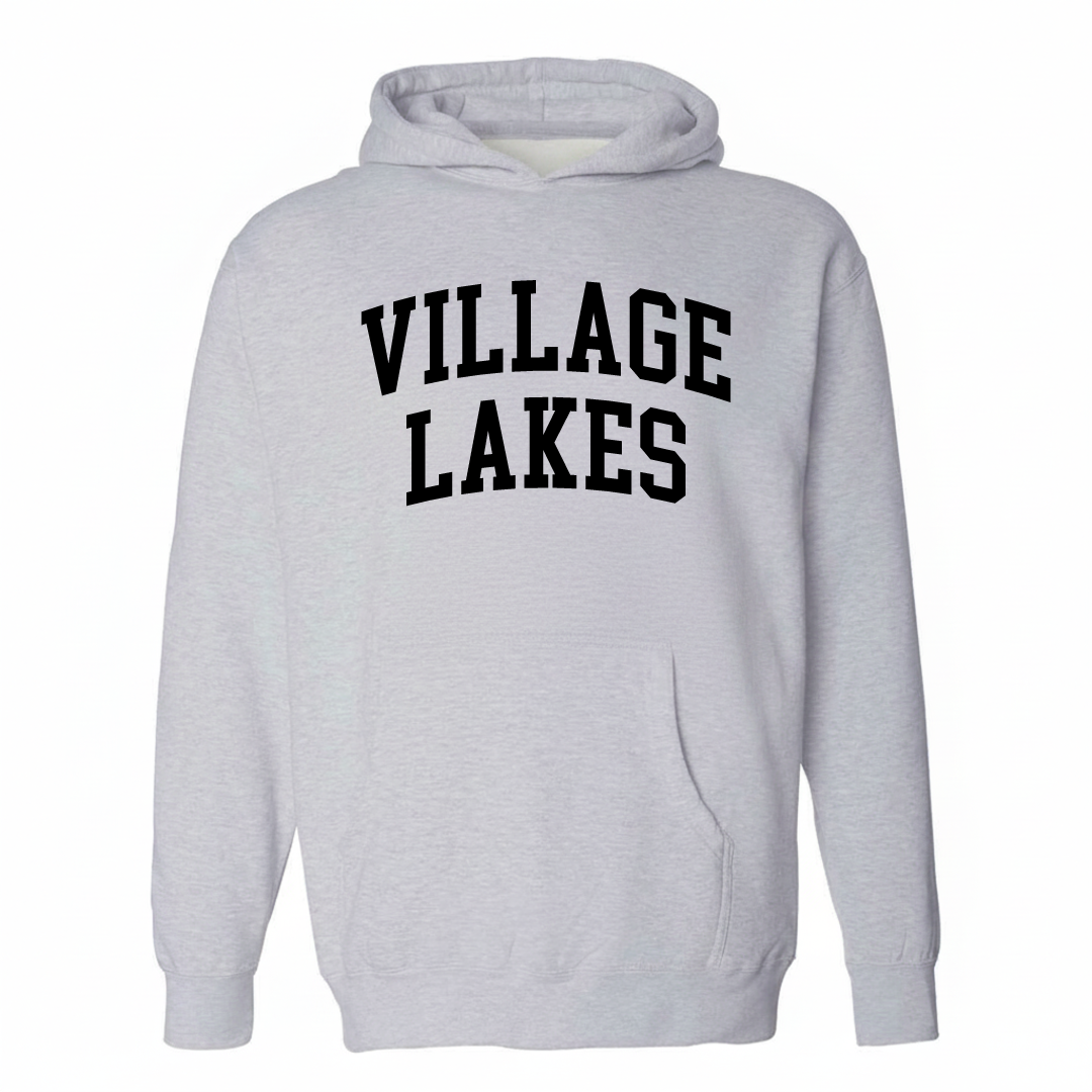 Heather-gray hoodie with the Village Lakes varsity arched lettering design on the chest.
