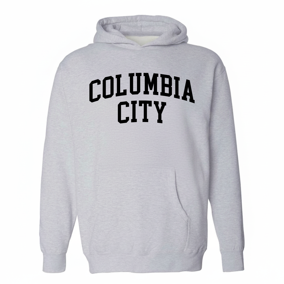 Heather-gray hoodie with the Columbia City varsity arched lettering design on the chest.