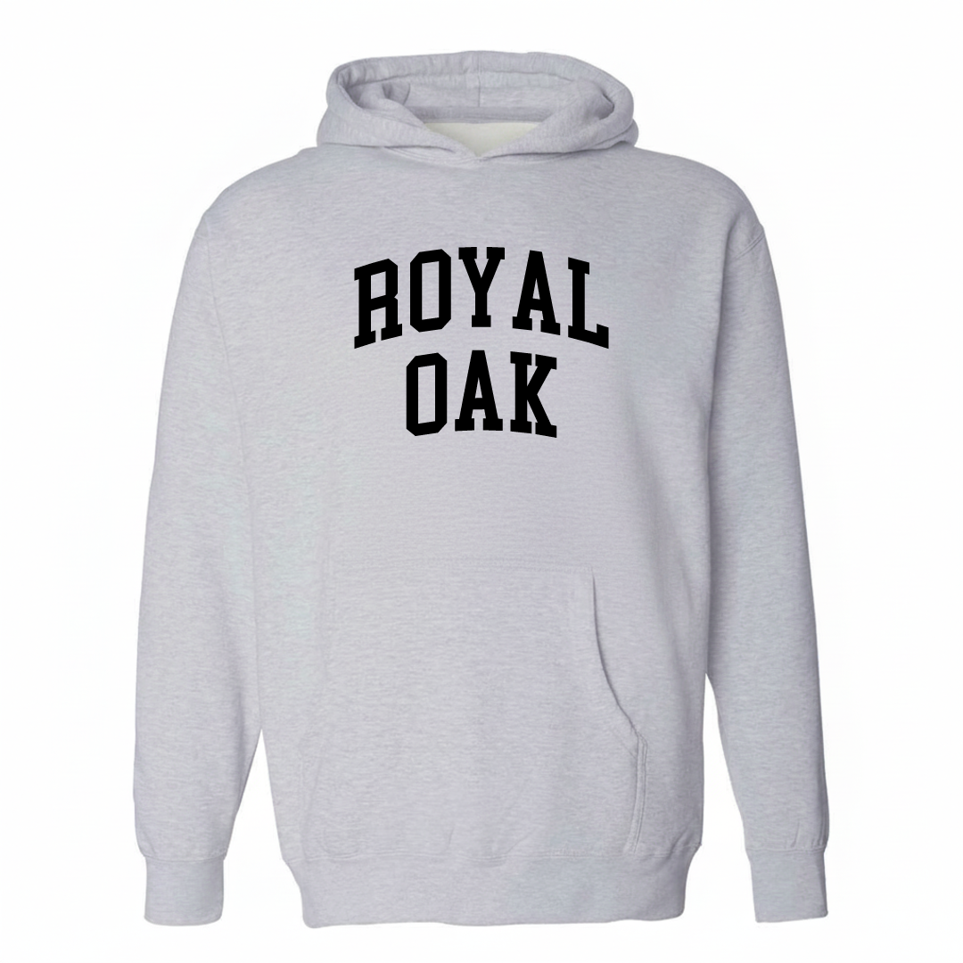 Heather-gray hoodie with the Royal Oak varsity arched lettering design on the chest.