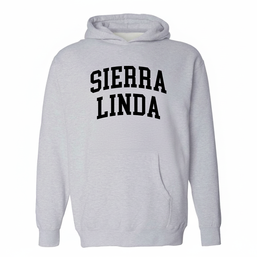 Heather-gray hoodie with the Sierra Linda arched lettering varsity-collegiate design on the chest.